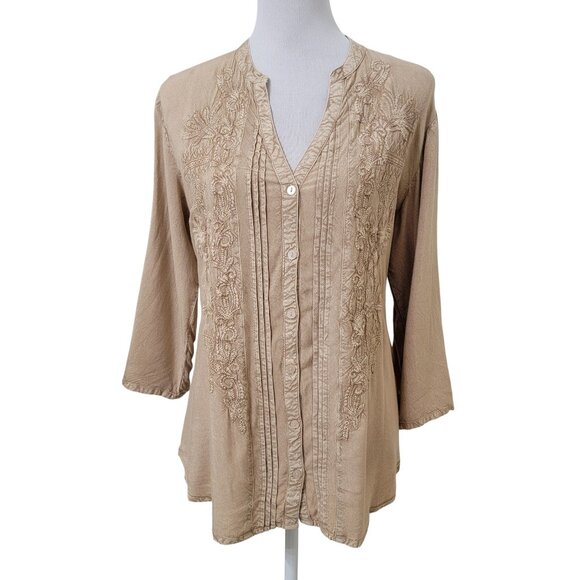 Solitaire Size S Tan Embroidered Button Front Tunic - Picture 1 of 13